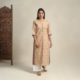 Handloom Cotton Mirror Work Beige Straight Mangalagiri Kurta for Women