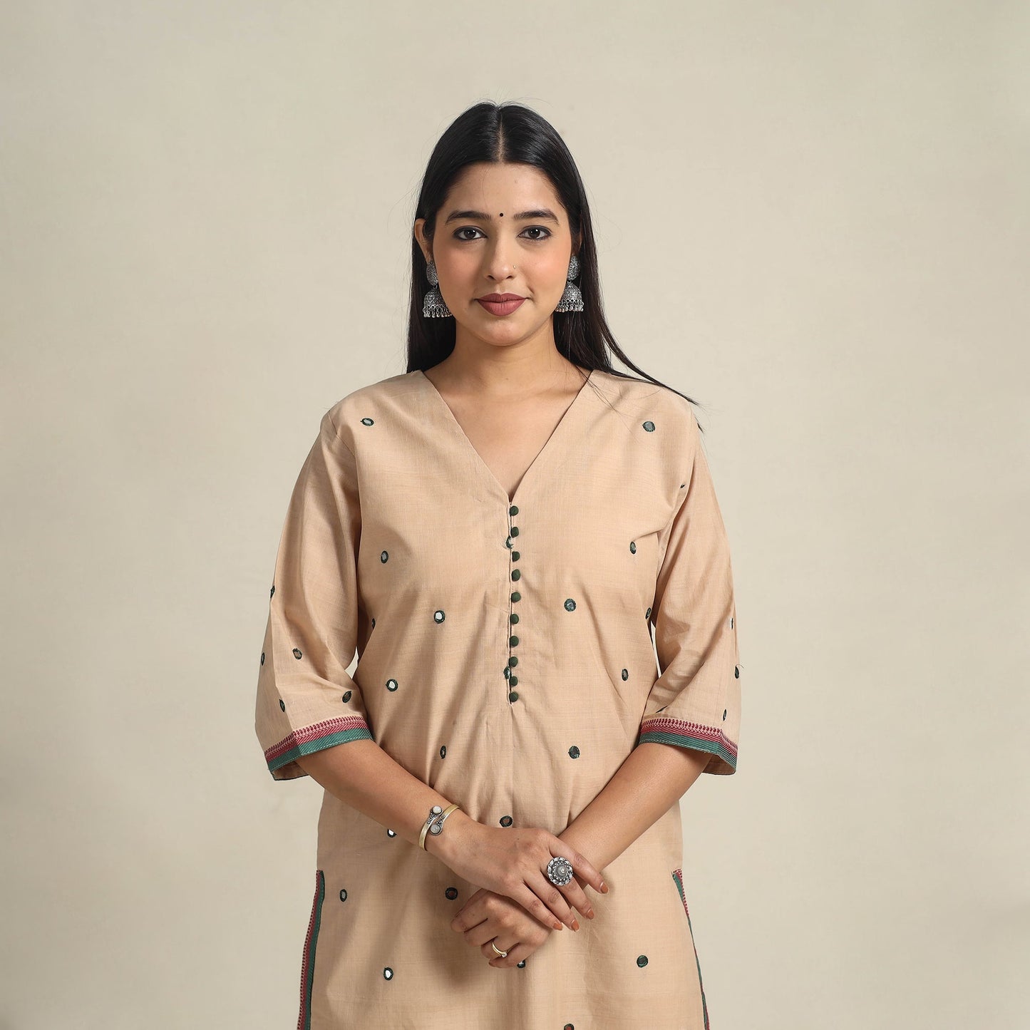 Handloom Cotton Mirror Work Beige Straight Mangalagiri Kurta for Women