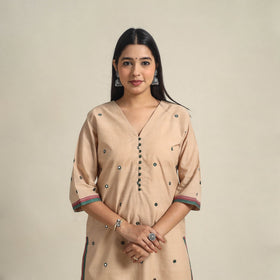 Handloom Cotton Mirror Work Beige Straight Mangalagiri Kurta for Women