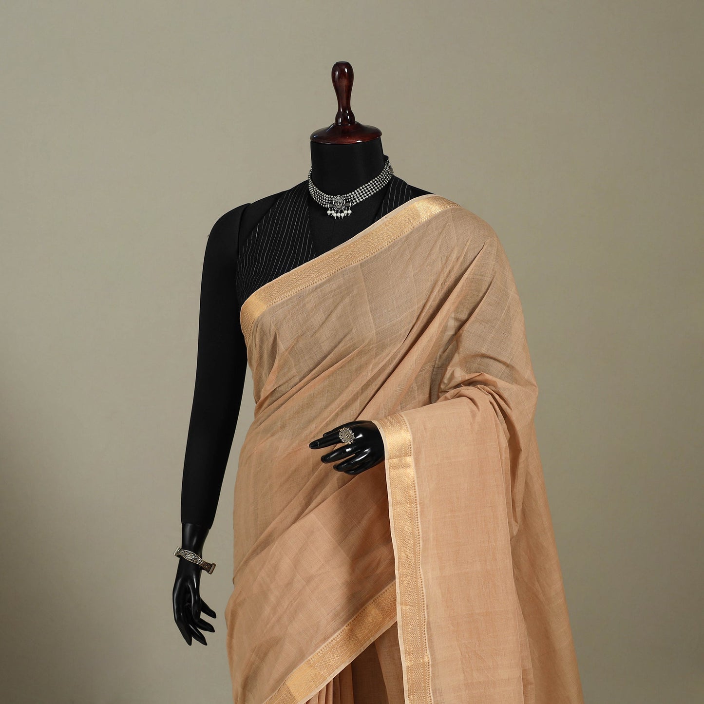 Beige Handloom Cotton Nizam Zari Border Mangalagiri Saree