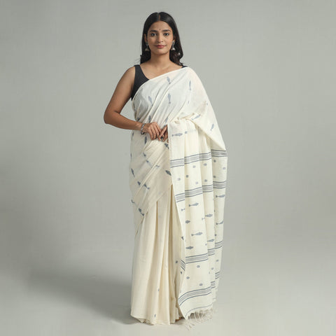 Beige - handloom cotton phulia jamdani saree with tassels