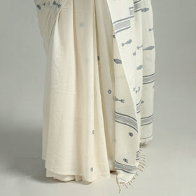 Beige - handloom cotton phulia jamdani saree with tassels