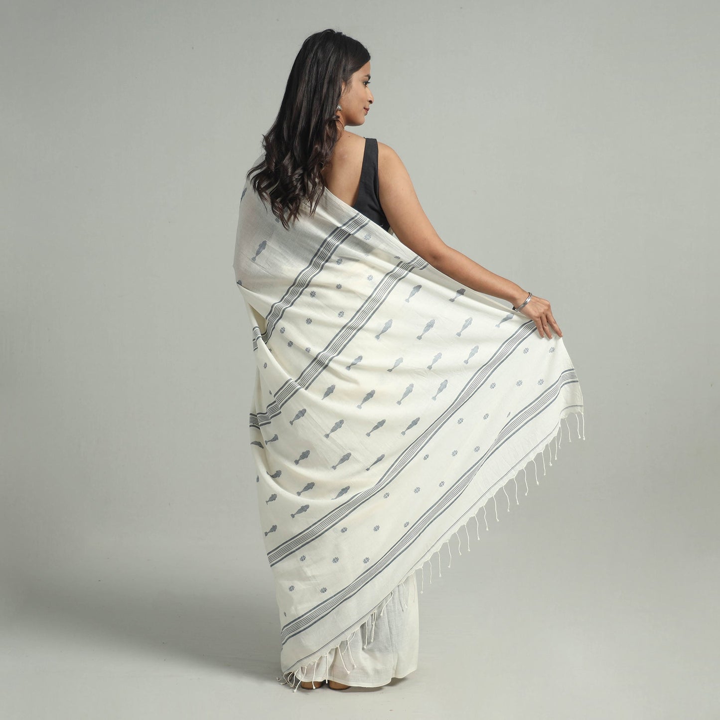 Beige - handloom cotton phulia jamdani saree with tassels