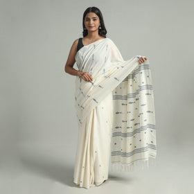 Beige - handloom cotton phulia jamdani saree with tassels