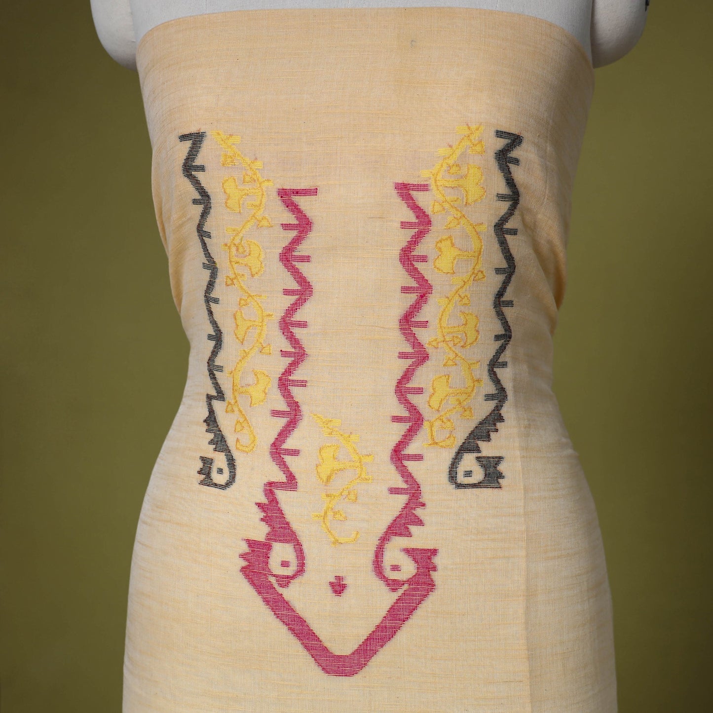 Beige - handloom cotton unstitched phulia jamdani kurta