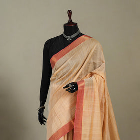 Beige Handloom Cotton Zari Border Mangalagiri Saree