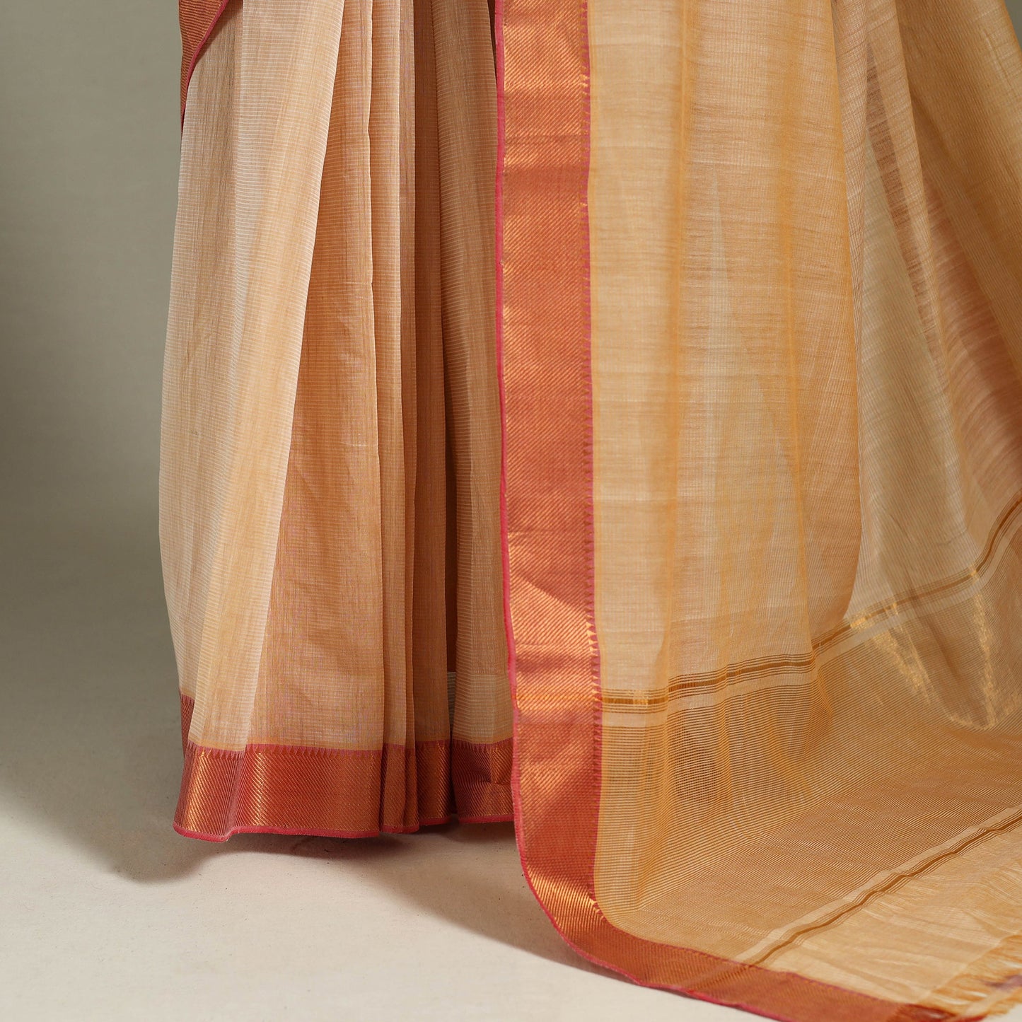 Beige Handloom Cotton Zari Border Mangalagiri Saree
