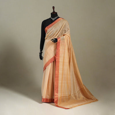 Beige Handloom Cotton Zari Border Mangalagiri Saree