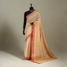 Beige Handloom Cotton Zari Border Mangalagiri Saree