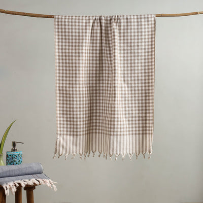 Beige Handloom Fine Cotton Checks Bath Towel