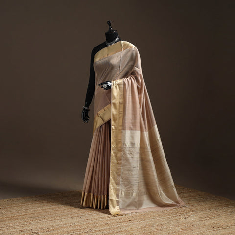 Beige - handloom maheshwari saree with ghicha pallu resham