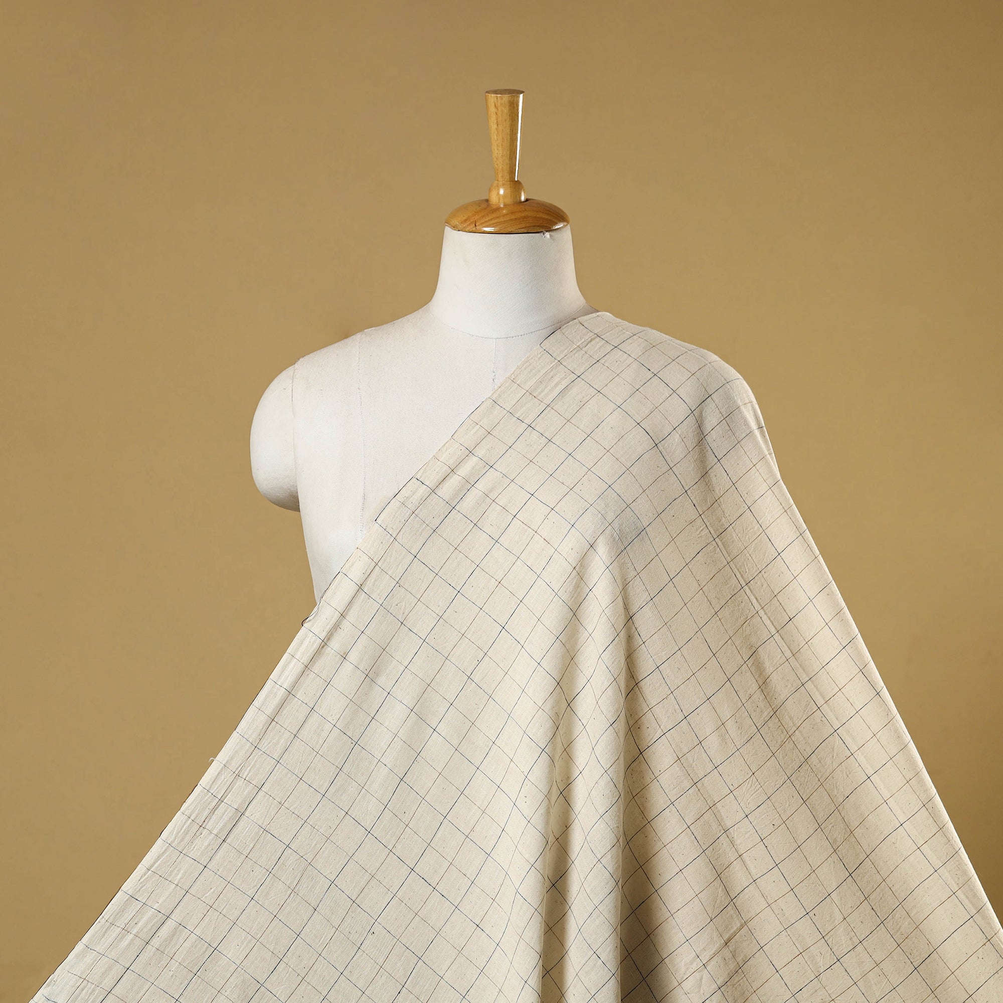 Beige Handloom Organic Checks Kala Cotton Fabric