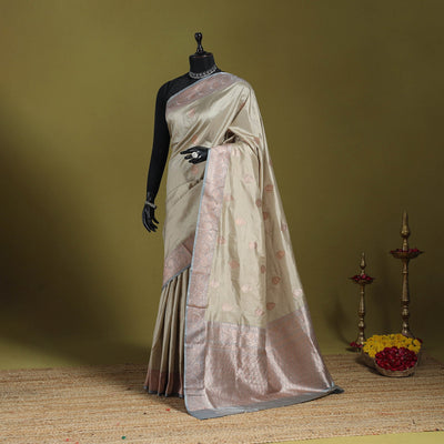 Beige - handloom pure katan silk kaduwa zari buti banarasi