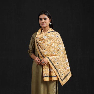  Beige Handloom Silk Bengal Kantha Work Stole