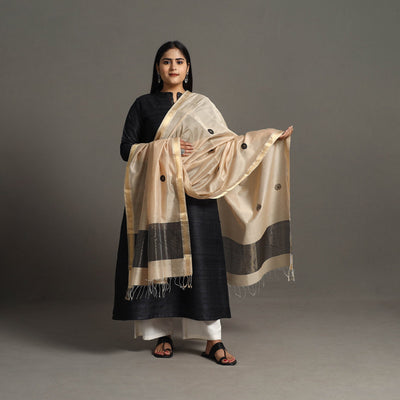 Beige Handloom Silk Cotton Circle Buti Maheshwari Dupatta