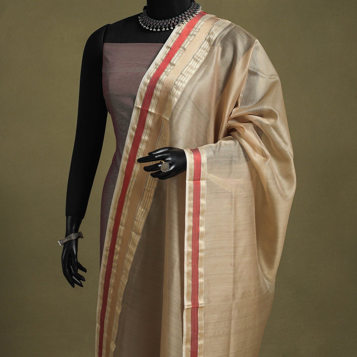 Beige - handloom silk cotton maheshwari dupatta 59