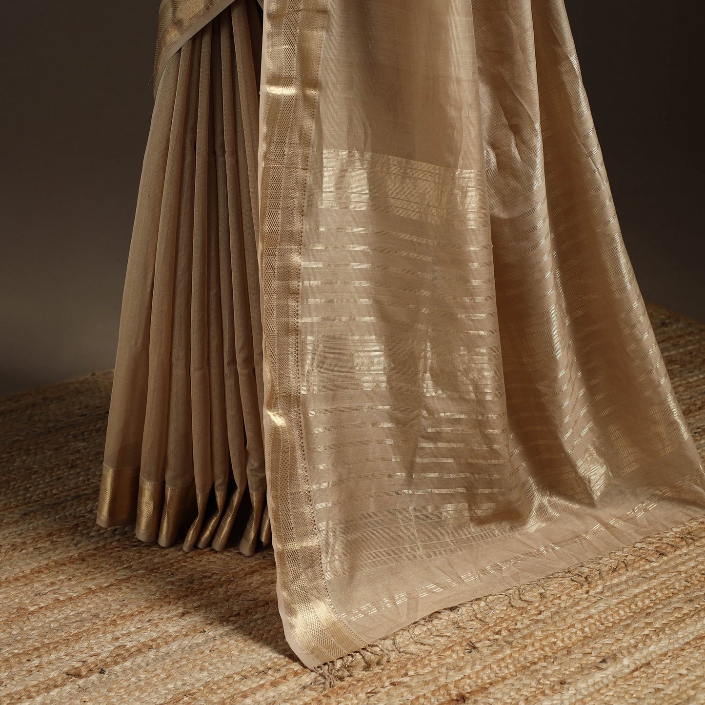 Beige - handloom tissue zari maheshwari saree with border
