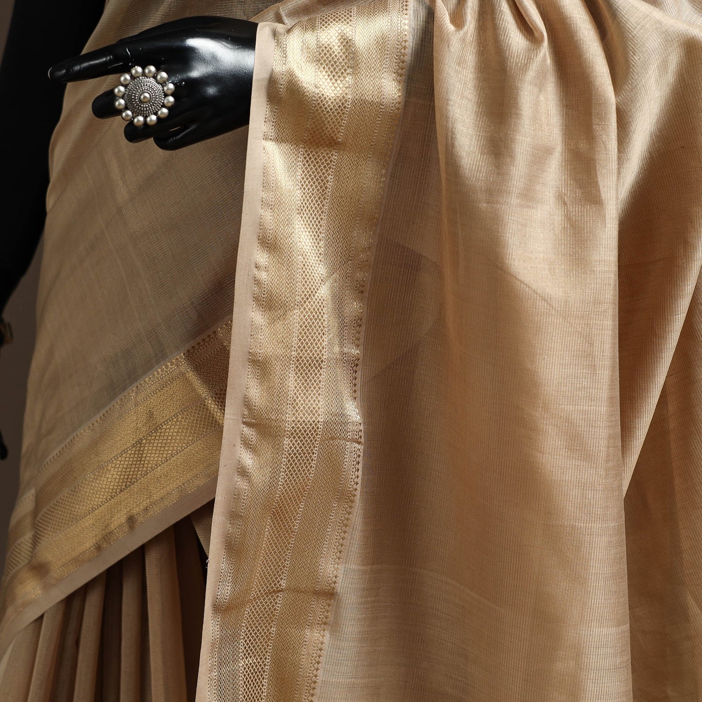 Beige - handloom tissue zari maheshwari saree with border