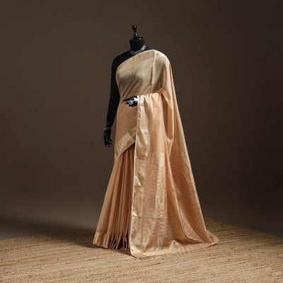 Beige - handloom tissue zari maheshwari saree with border