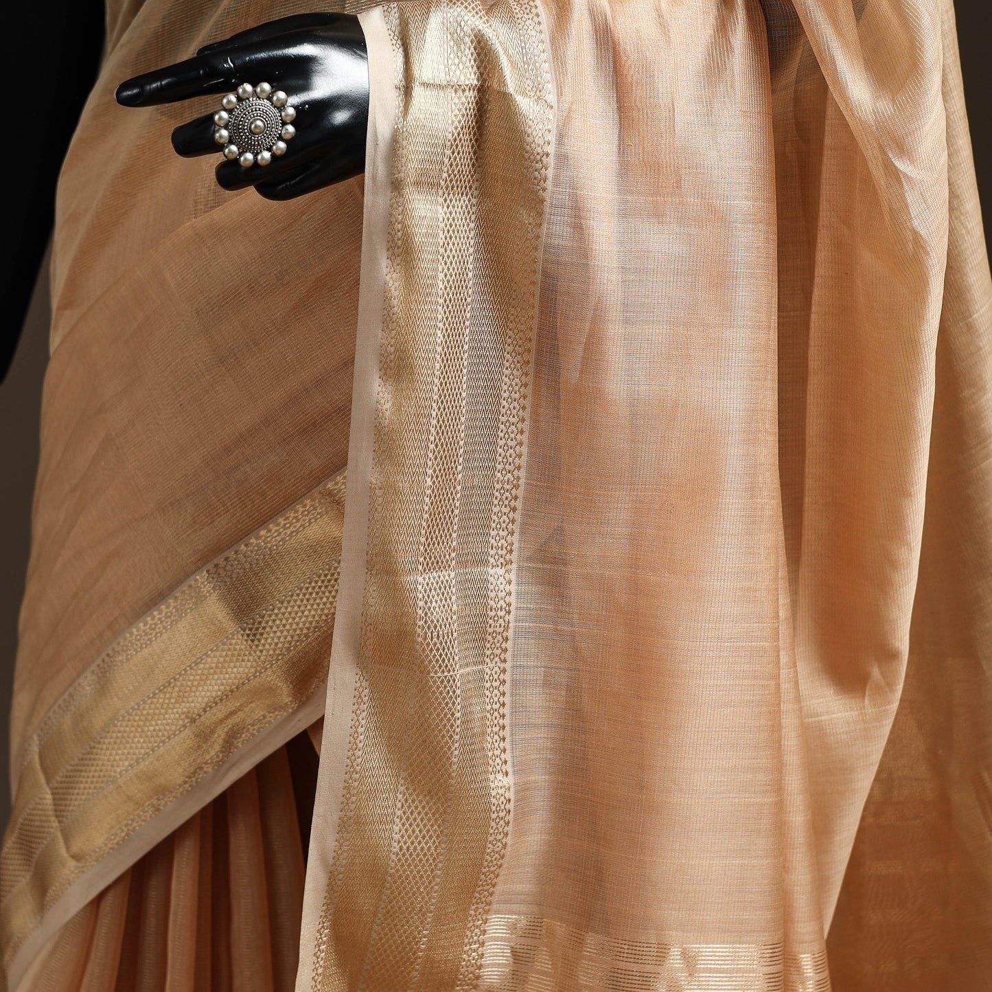 Beige - handloom tissue zari maheshwari saree with border