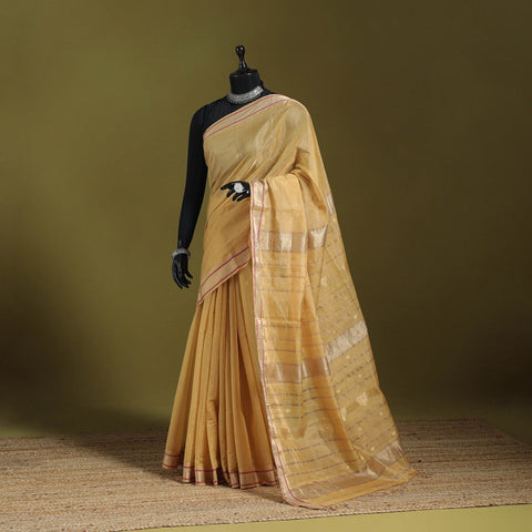 Beige - handloom tissue zari weave silk cotton buti