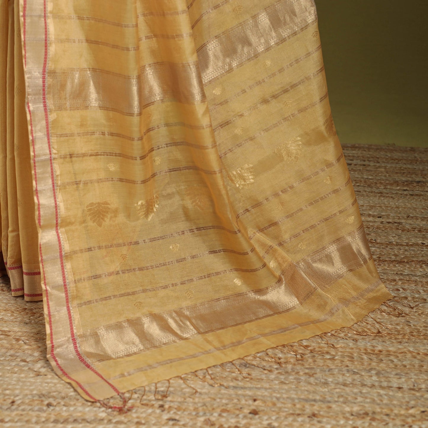 Beige - handloom tissue zari weave silk cotton buti