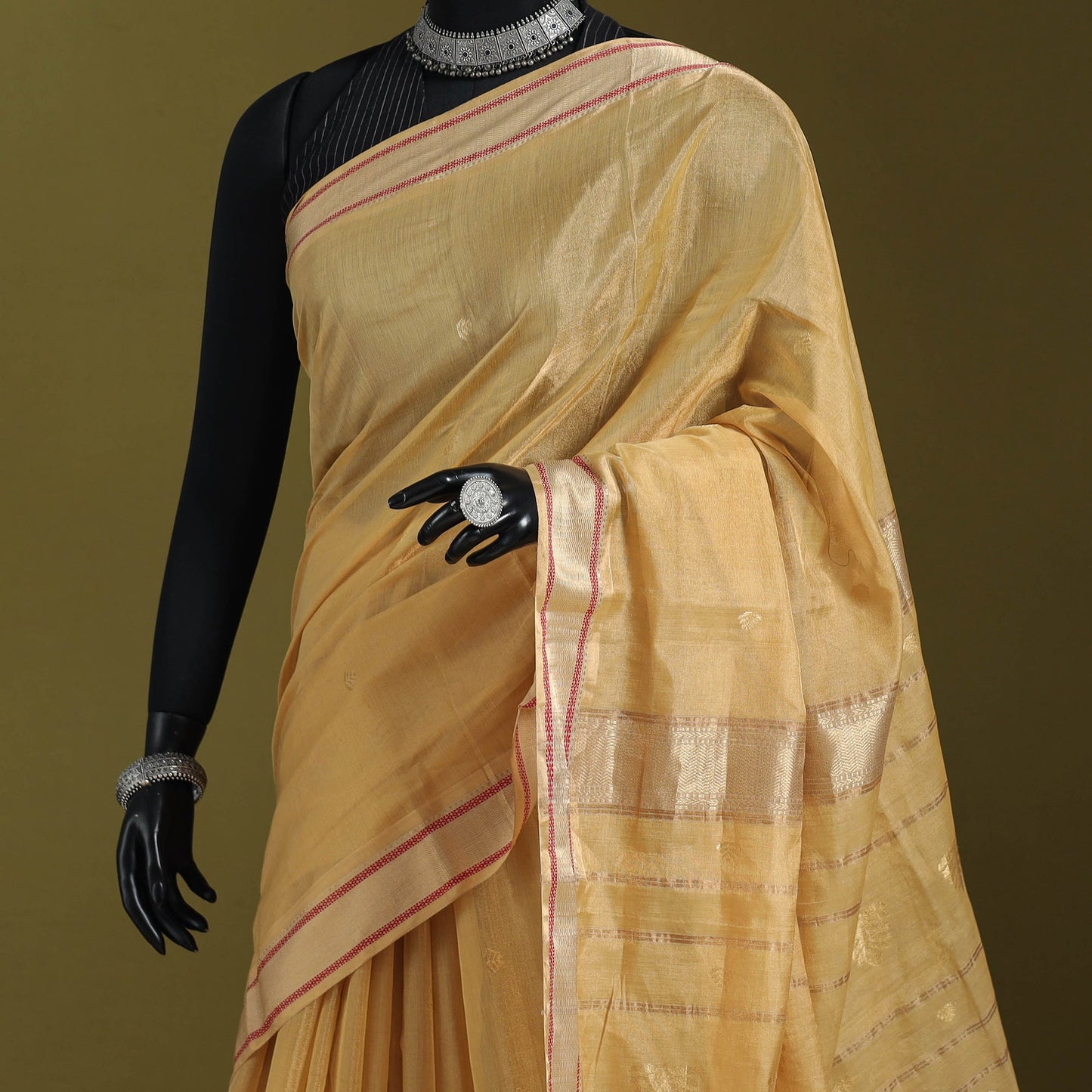 Beige - handloom tissue zari weave silk cotton buti