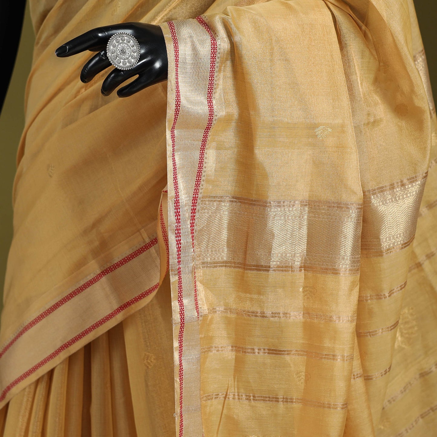 Beige - handloom tissue zari weave silk cotton buti