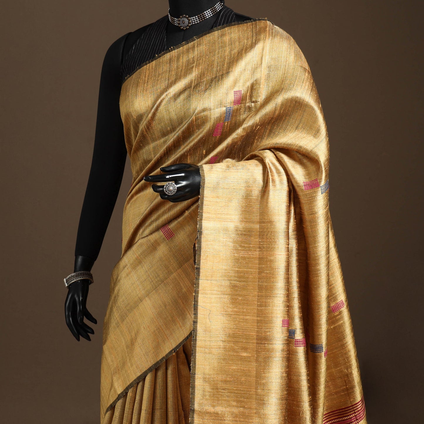 Beige - handloom tussar silk zari border bhagalpuri saree