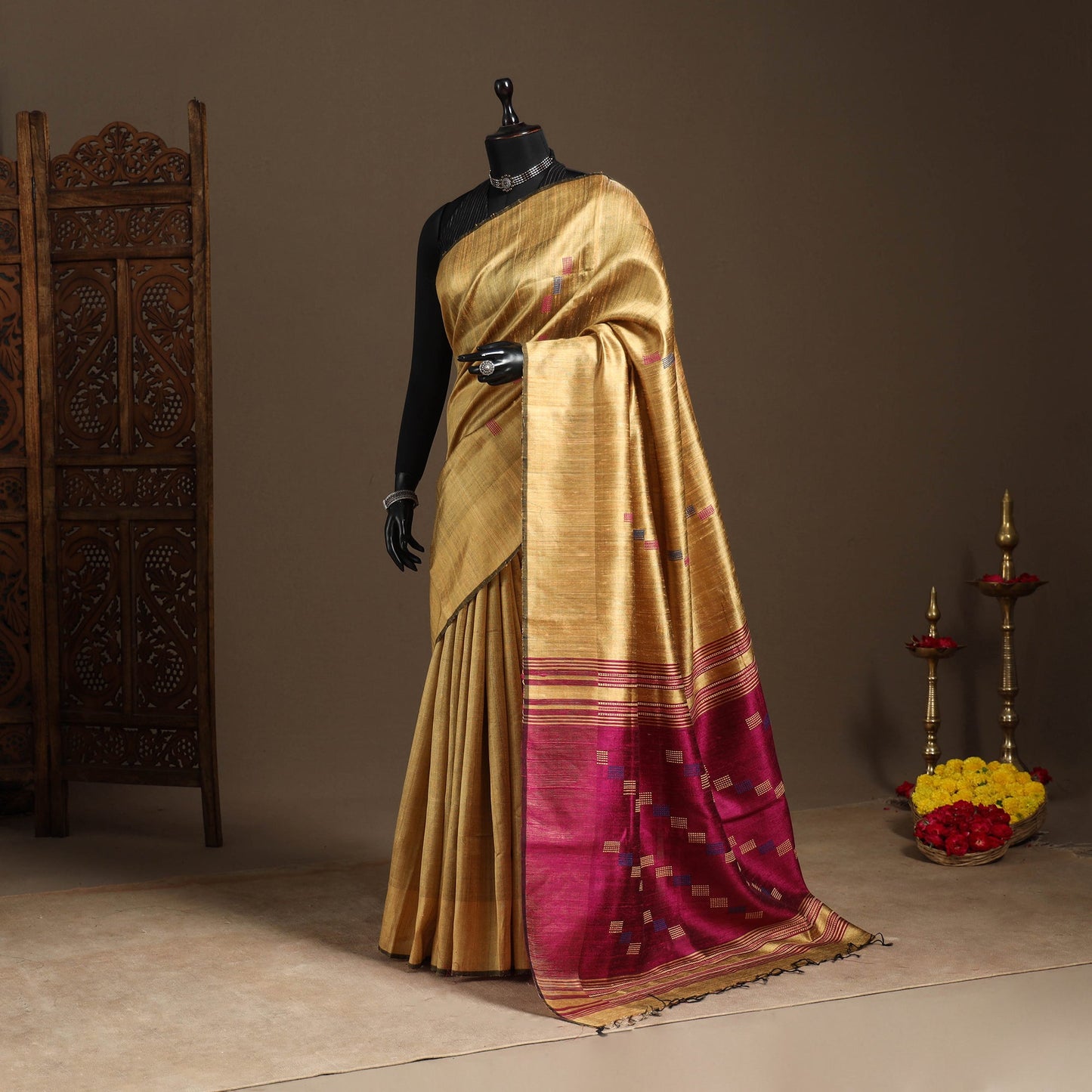 Beige - handloom tussar silk zari border bhagalpuri saree