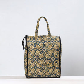 Beige Handmade Ajrakh Block Printed Cotton Shopping Bag 01