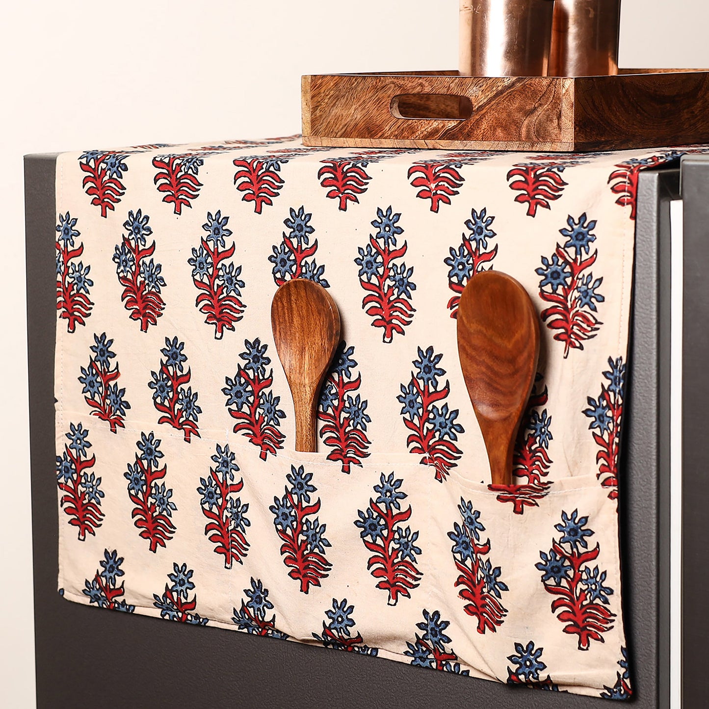 Beige Handmade Cotton Fridge Top Cover with Multiple Pockets