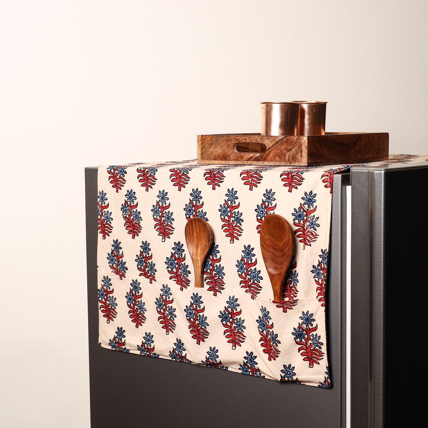 Beige Handmade Cotton Fridge Top Cover with Multiple Pockets