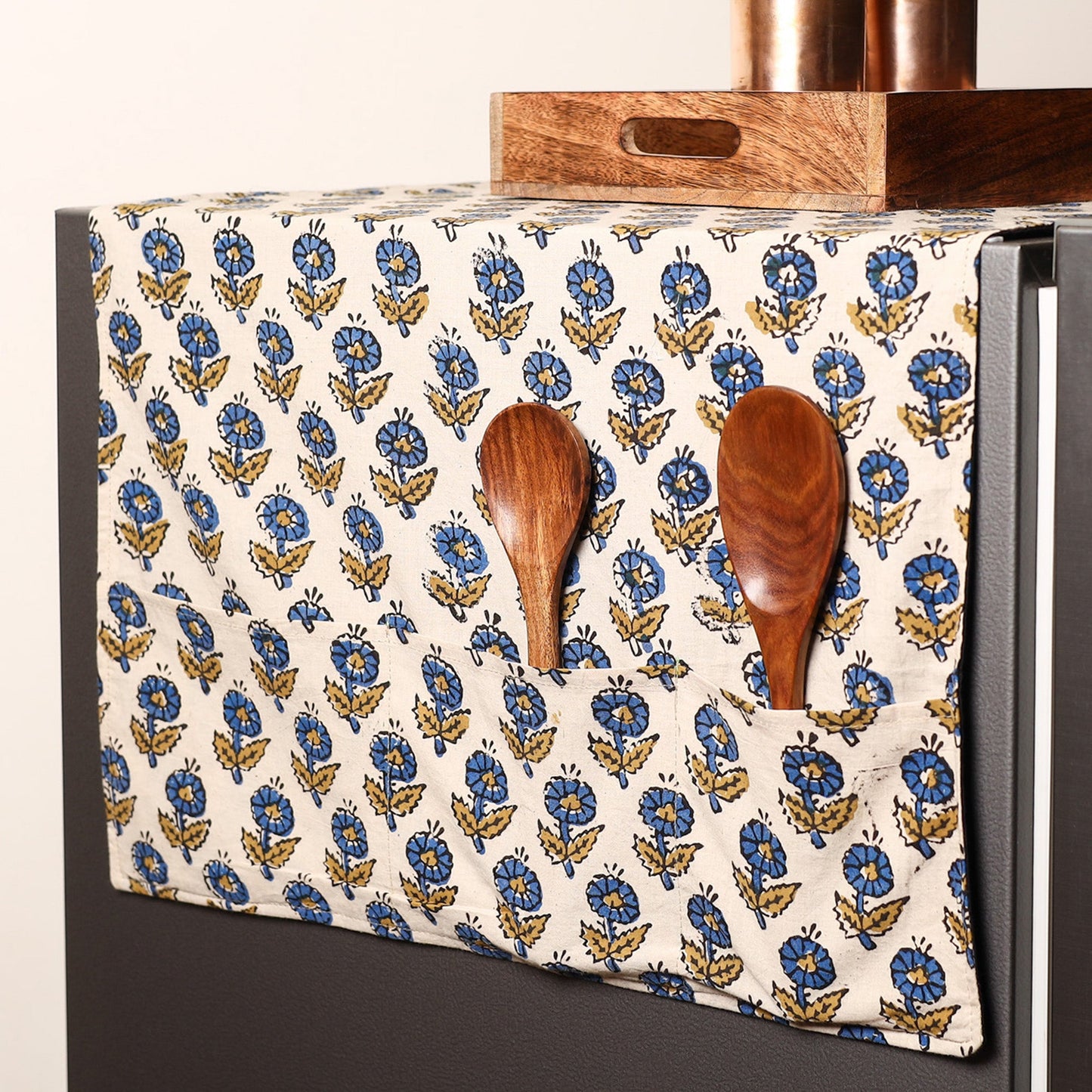 Beige Handmade Cotton Fridge Top Cover with Multiple Pockets