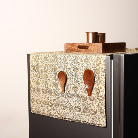 Beige Handmade Cotton Fridge Top Cover with Multiple Pockets