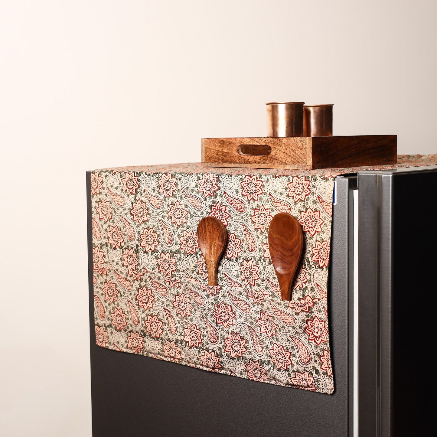 Beige Handmade Cotton Fridge Top Cover with Multiple Pockets