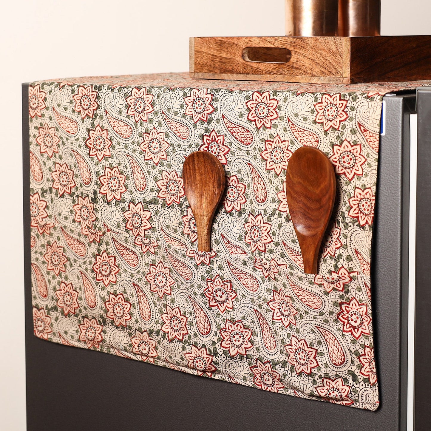 Beige Handmade Cotton Fridge Top Cover with Multiple Pockets