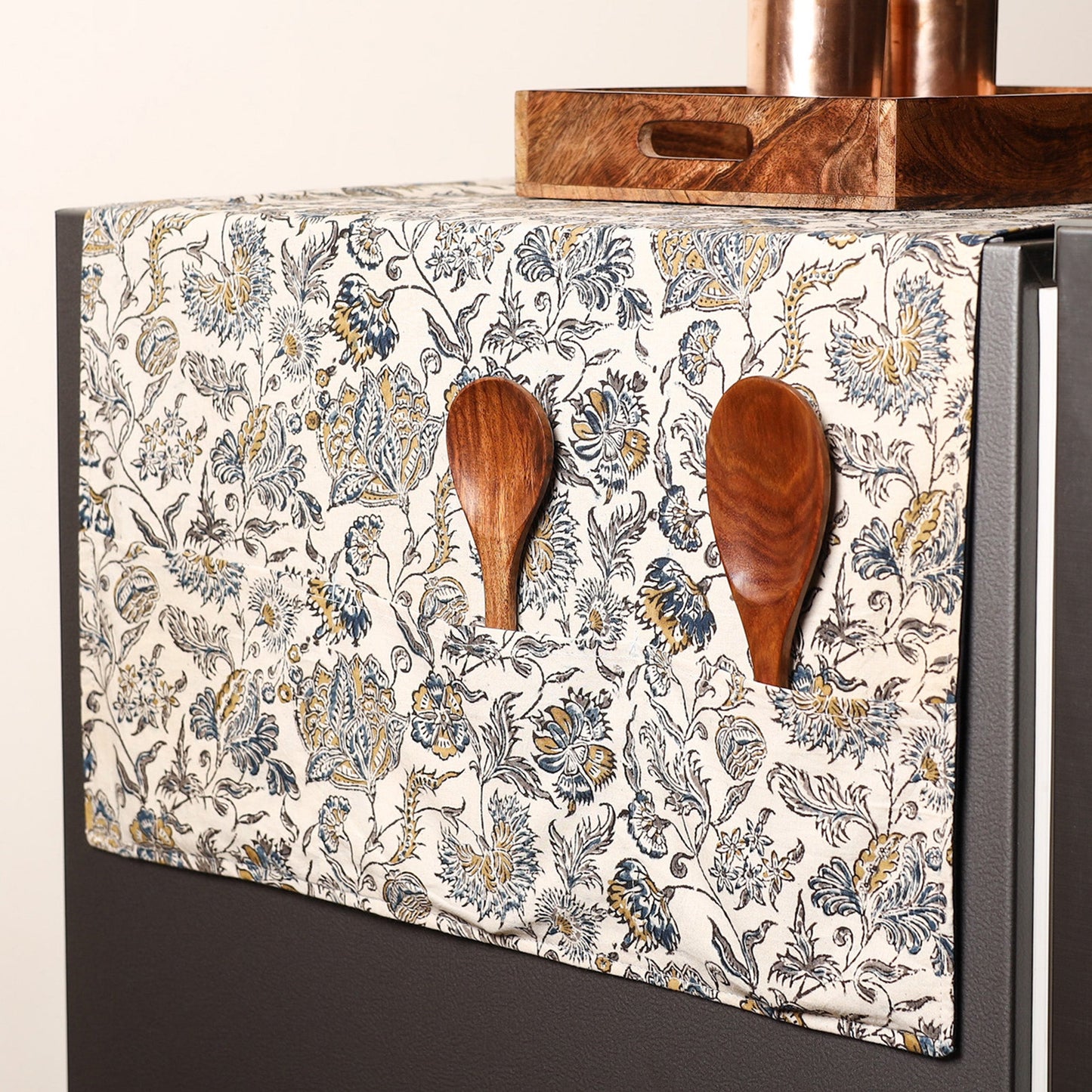 Beige Handmade Cotton Fridge Top Cover with Multiple Pockets