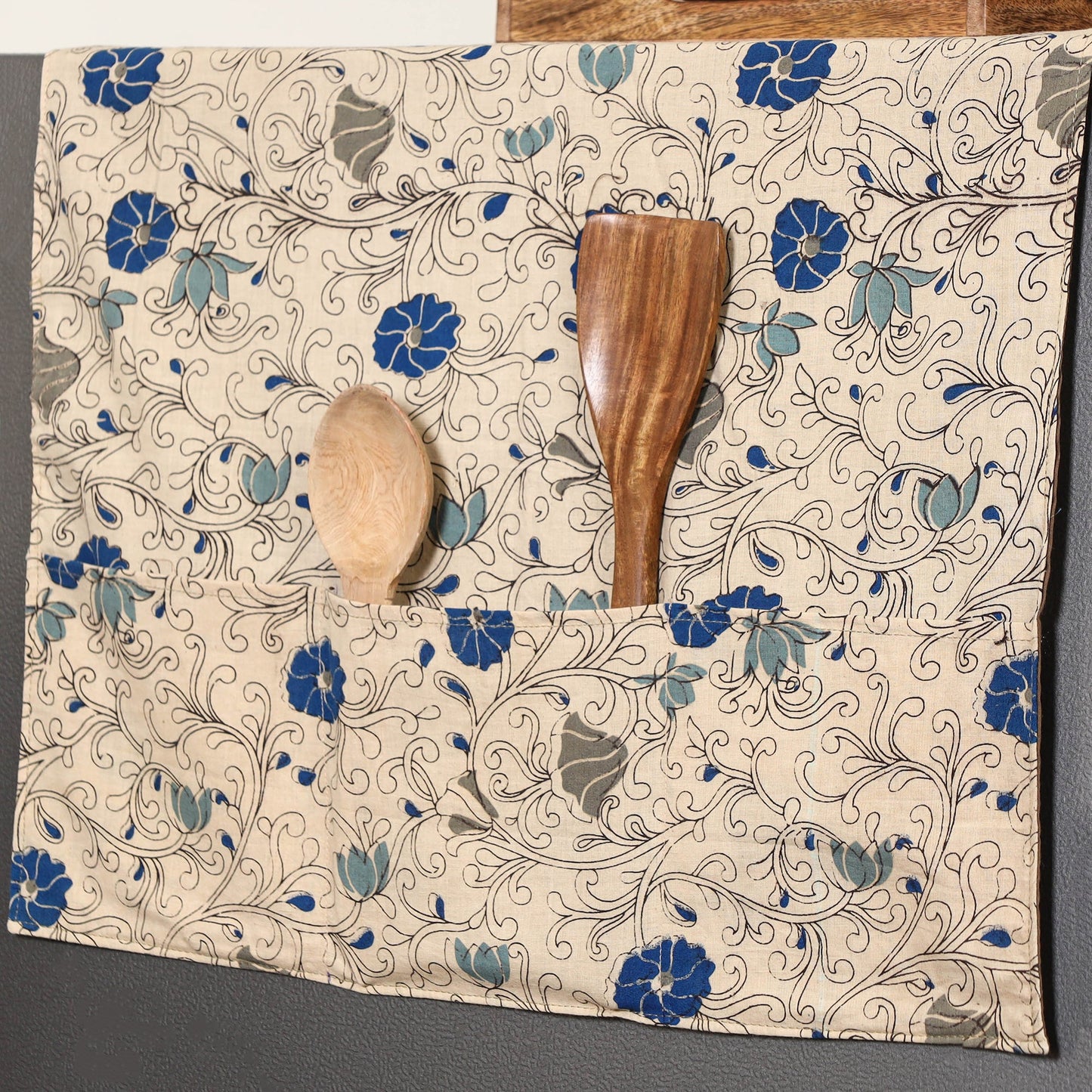 Beige Handmade Cotton Fridge Top Cover with Multiple Pockets