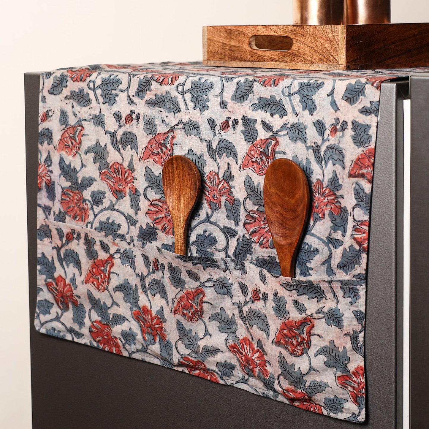 Beige Handmade Cotton Fridge Top Cover with Multiple Pockets