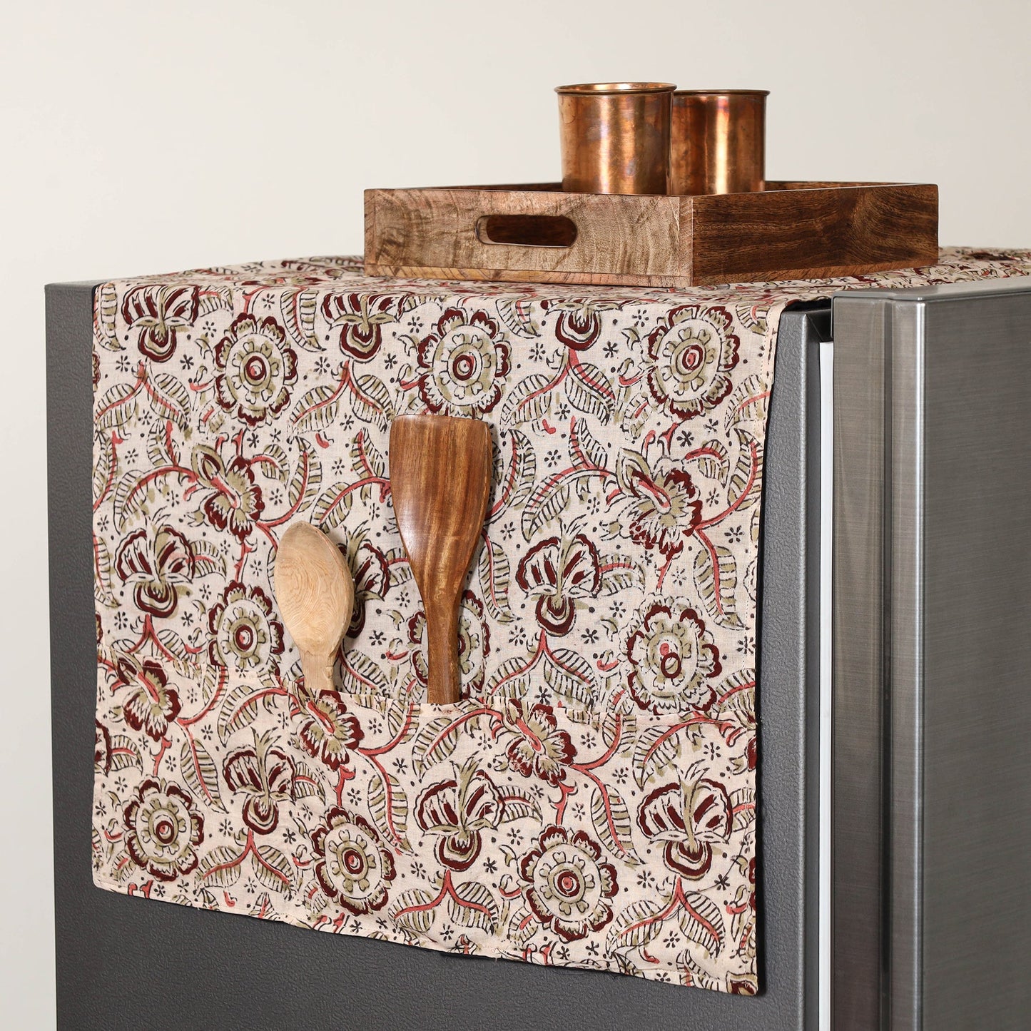 Beige Handmade Cotton Fridge Top Cover with Multiple Pockets