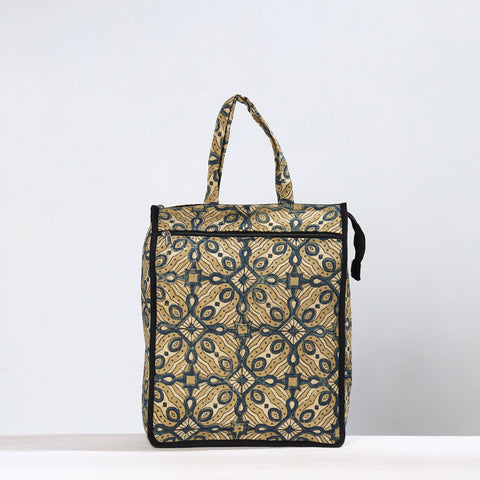 Beige Handmade Ajrakh Block Printed Cotton Shopping Bag 01