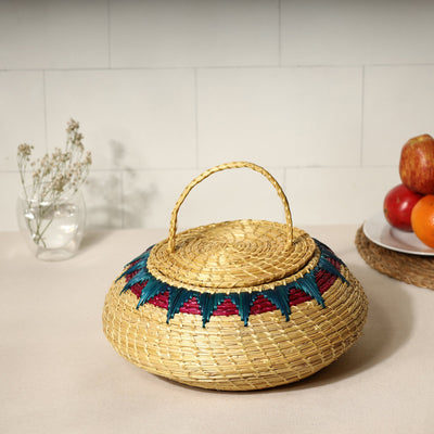  Beige Handmade Sikki Grass Multipurpose Basket with Lid 
