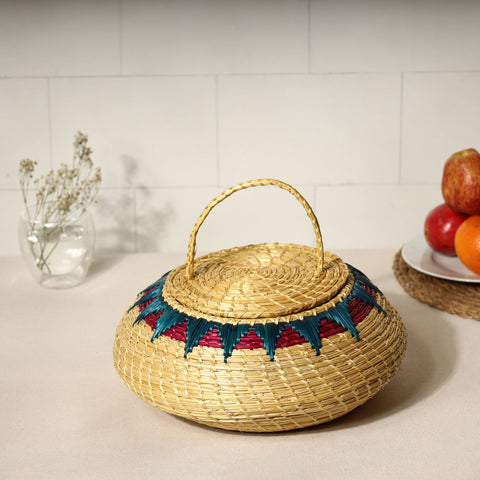  Beige Handmade Sikki Grass Multipurpose Basket with Lid 