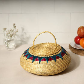  Beige Handmade Sikki Grass Multipurpose Basket with Lid 