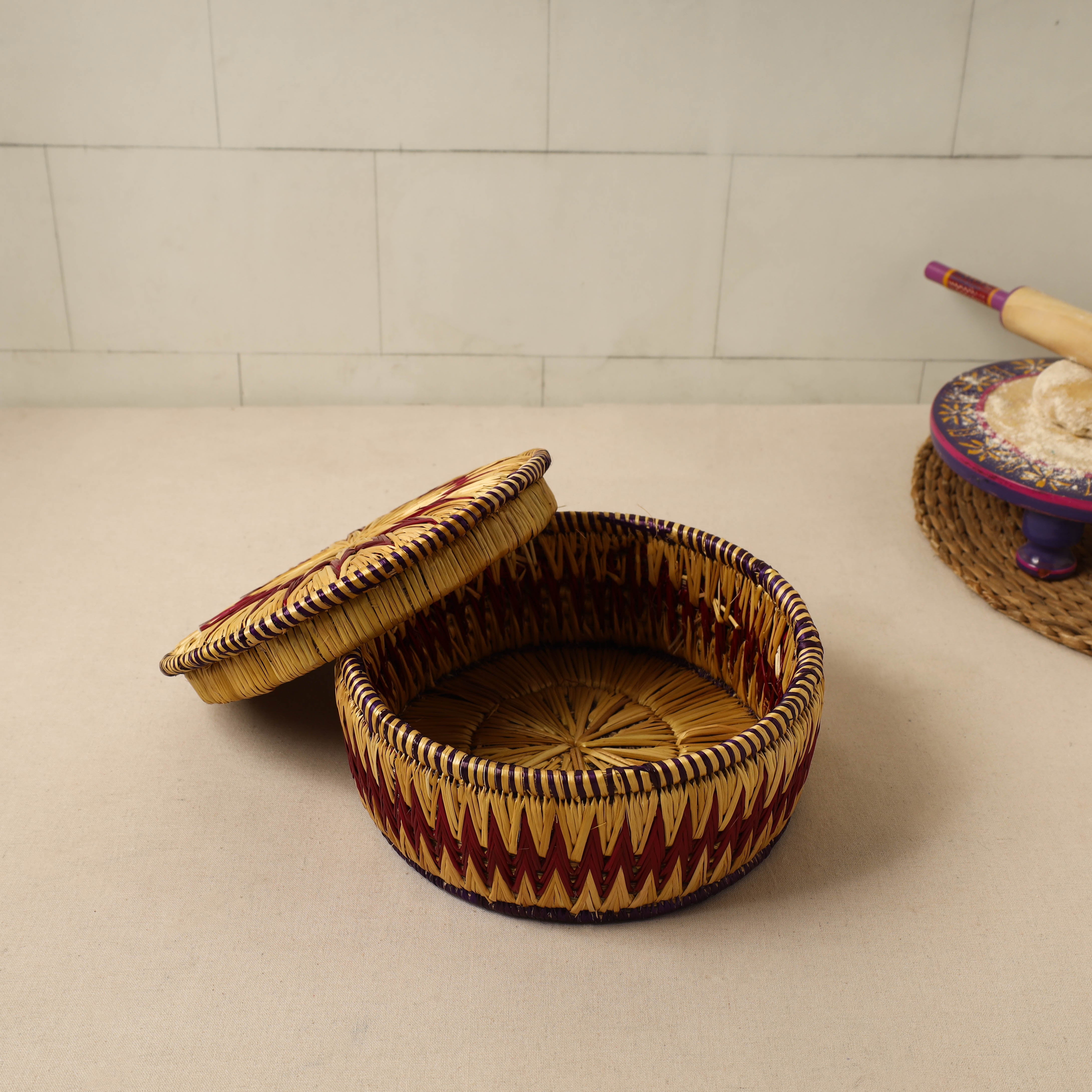 Beige Handmade Sikki Grass Roti Box