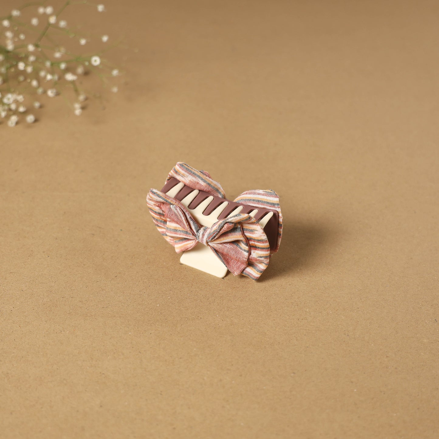 Beige - handmade women’s bow hair claw clip 05 - handcrafted