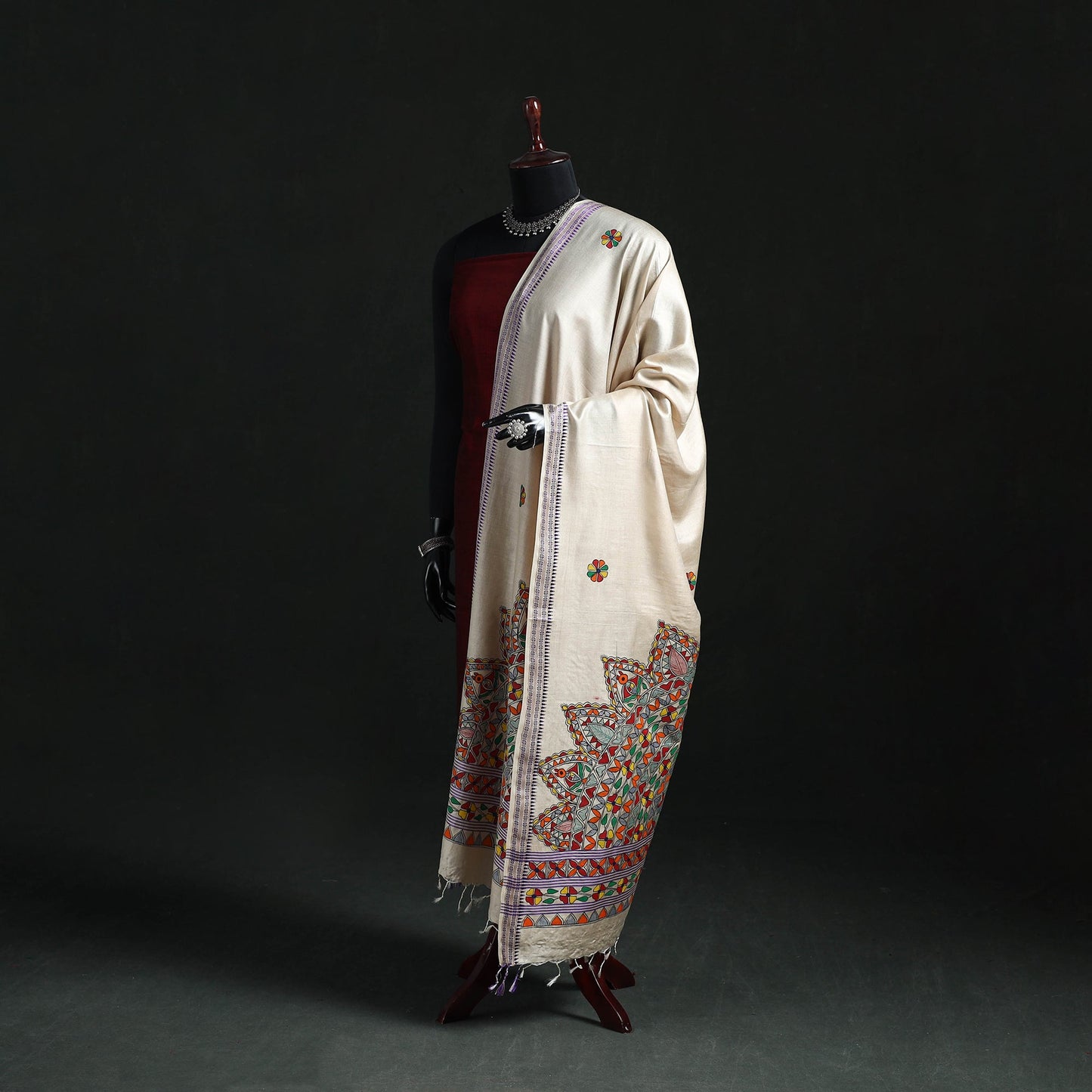 Handpainted madhubani handloom tussar cotton dupatta 06