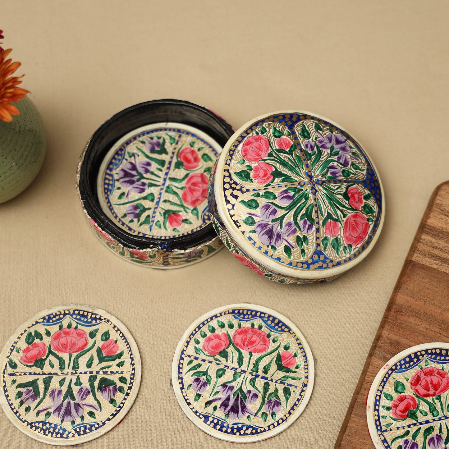 Beige - handpainted paper mache coaster with box (set of 6)