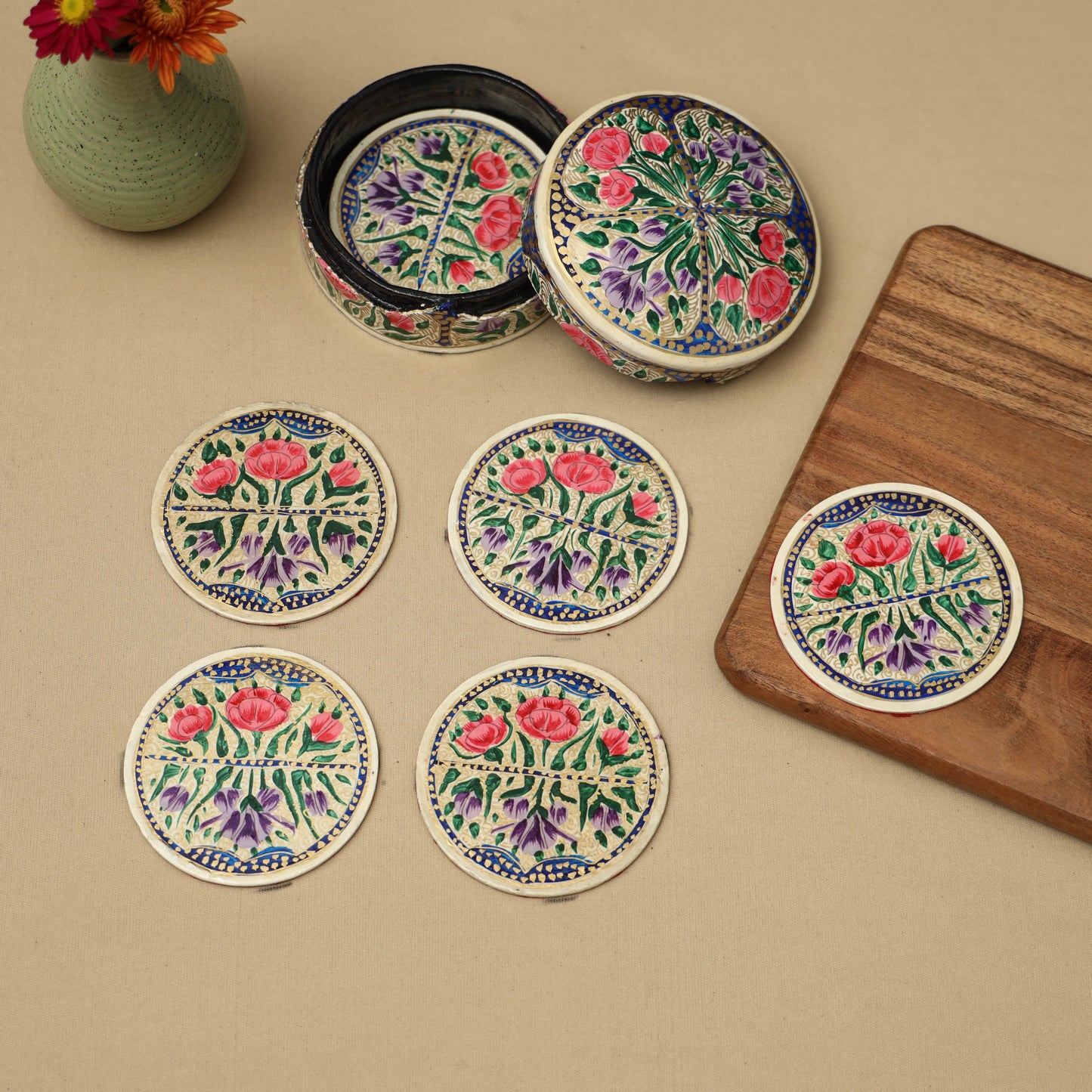 Beige - handpainted paper mache coaster with box (set of 6)